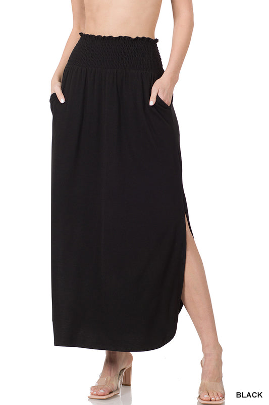 Black Smocked Waist Maxi Skirt